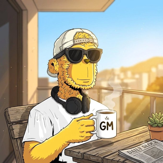 An illustrated image of a yellow bear-like character wearing a white t-shirt, backwards cap, and sunglasses, sitting on a balcony with headphones around its neck while holding a mug labeled 'GM' next to a 'DAILY BLOCK' newspaper.