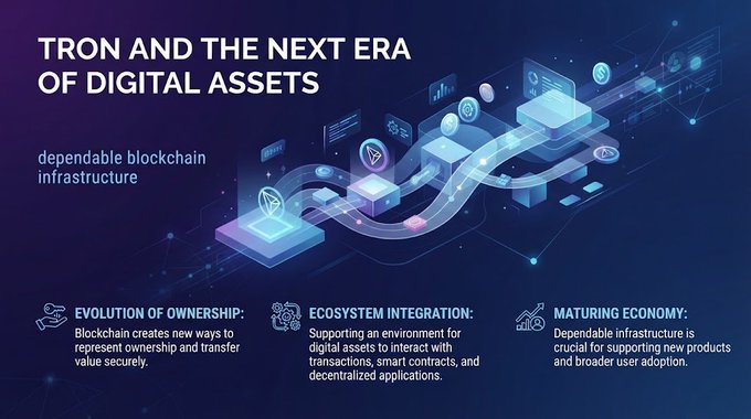 A presentation slide titled 'TRON AND THE NEXT ERA OF DIGITAL ASSETS' with the subtitle 'dependable blockchain infrastructure', outlining three pillars: 'EVOLUTION OF OWNERSHIP', 'ECOSYSTEM INTEGRATION', and 'MATURING ECONOMY'.