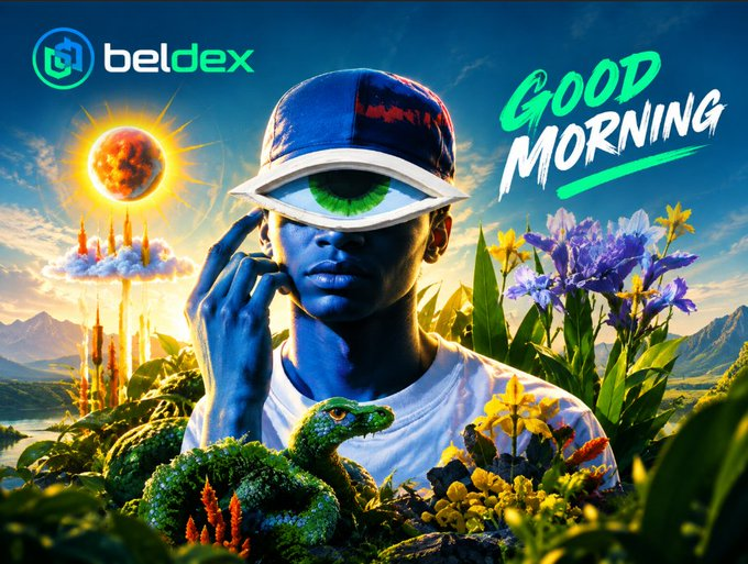 Surreal digital artwork with the 'beldex' logo and 'Good Morning' text, showing a blue-skinned figure with a large eye for a head, surrounded by flowers, a lizard, and a fiery floating city.