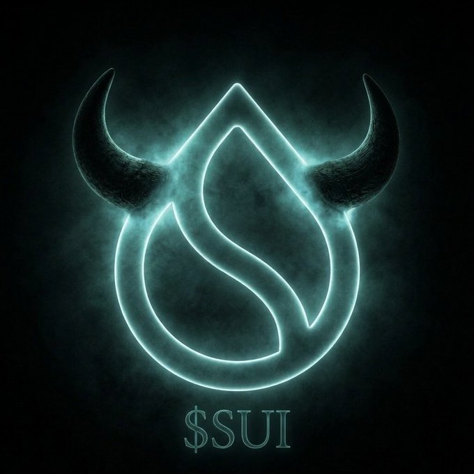 A glowing teal "$SUI" logo featuring a stylized water droplet with horn-like accents appears against a dark, smoky background, visually amplifying the post's call to "kick off the SUI bull run" with its bold, fiery aesthetic.