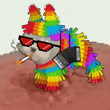 Pixel-art image of a white cat wearing pixelated red 'deal with it' sunglasses and a cigarette, adorned with a vibrant rainbow-colored, accordion-like body against a plain background.