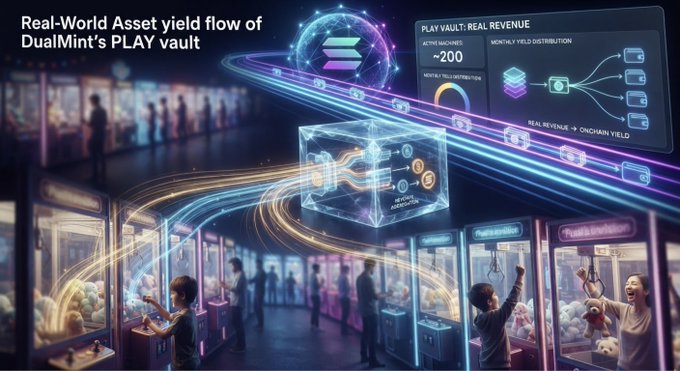 Promotional graphic for DualMint's PLAY vault showing real-world asset yield flow with neon arcade imagery and text including 'PLAY VAULT: REAL REVENUE', 'ACTIVE PLAYERS ~200', and 'REAL REVENUE → ONCHAIN YIELD'.