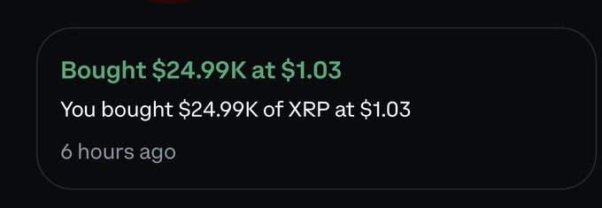 A notification reading "Bought $24.99K at $1.03 — You bought $24.99K of XRP at $1.03" from 6 hours ago, illustrating the poster's commitment to their pledge of purchasing $25K of XRP daily.