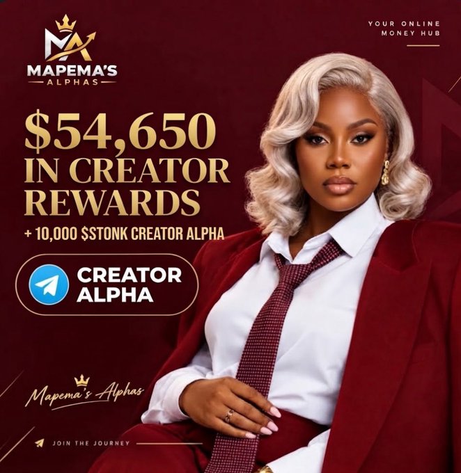A promotional graphic for "Mapema's Alphas" featuring a stylish woman in a red blazer against a maroon background, displaying "$54,650 IN CREATOR REWARDS + 10,000 $STONK CREATOR ALPHA" alongside a "CREATOR ALPHA" badge, highlighting one of the multiple earning opportunities mentioned in the post.