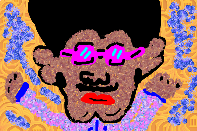A colorful, textured digital drawing of a face with pink and green glasses, red lips, and a black mustache, set against a yellow background with blue floral patterns.