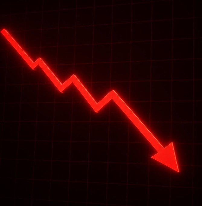 A glowing red downward-pointing arrow with a jagged, zigzag line indicating a decline on a dark grid background.