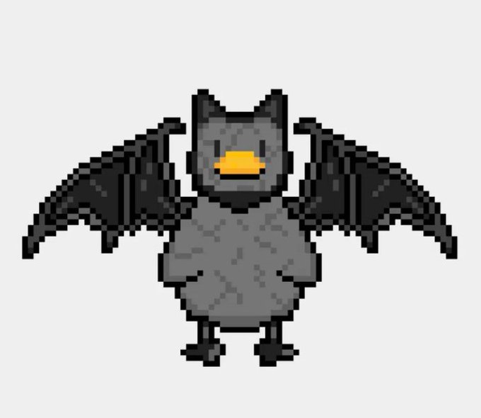 A pixel art illustration of a gray bat-like creature with spread wings and an orange beak.