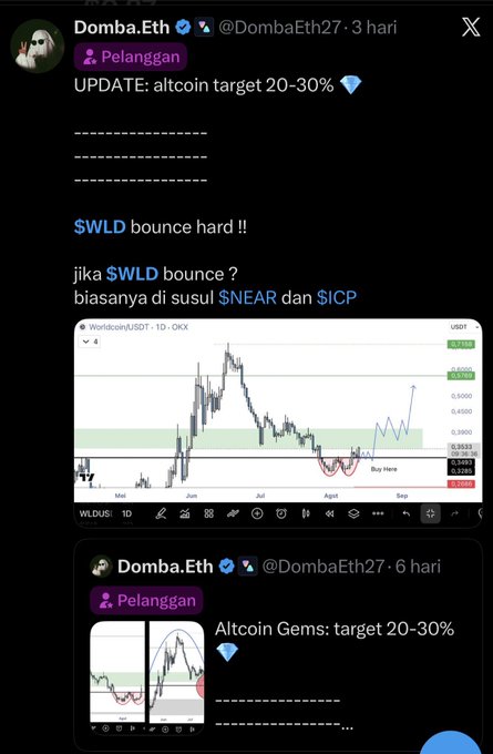 The image is a tweet from @DombaEth27 sharing a chart showing $WLD/USDT on OKX with a "Buy Here" annotation at a double bottom around $0.3055, noting an altcoin target of 20-30%. The post relates to the chart by highlighting $WLD's 25% bounce off the double bottom, suggesting further upside potential in a "semi-bull market" environment.