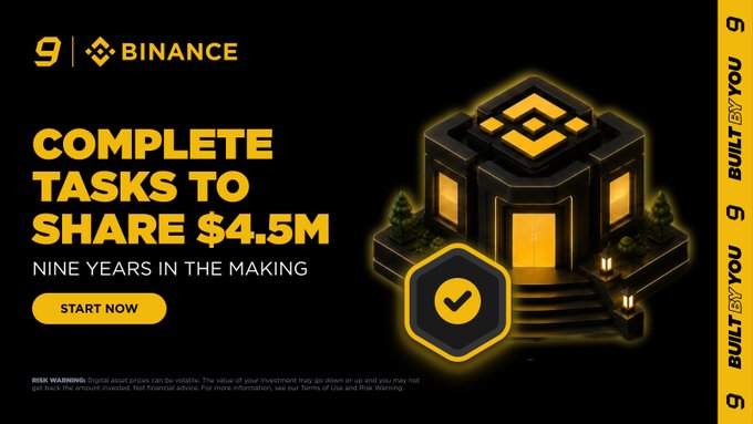 A Binance promotional banner celebrates its 9th anniversary with a "Built by You" campaign, featuring a glowing 3D monument on a black background alongside yellow text reading "COMPLETE TASKS TO SHARE $4.5M—NINE YEARS IN THE MAKING" and a "START NOW" call-to-action button. The post highlights that users can earn a share of the $4.5M reward pool by completing tasks across 9 milestones tied to the exchange's ninth anniversary.