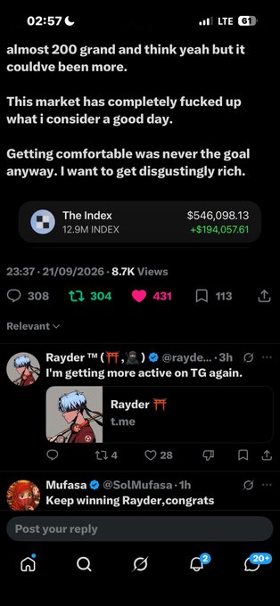 A screenshot of an X post discussing trading profits, mentioning 'The Index' showing $546,098.13 with a gain of +$194,057.61, followed by replies from users @rayde and @SolMufasa congratulating user Rayder.