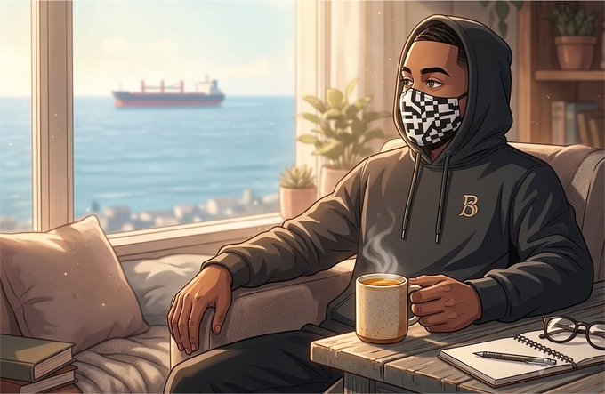 An illustration of a man wearing a hoodie and pixelated mask sitting on a couch by a window overlooking the ocean, with a cup of coffee and a notebook on the table beside him.
