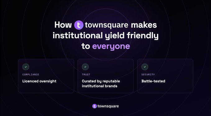 The image displays a promotional graphic for TownSquare with the headline "How TownSquare makes institutional yield friendly to everyone," highlighting three key pillars: Compliance (Licensed oversight), Trust (Curated by reputable institutional brands), and Security (Battle-tested). It visually reinforces the post's message by showcasing TownSquare's commitment to bringing institutional-grade yield access to retail users through licensed fund managers, institutional strategies, and robust security measures.
