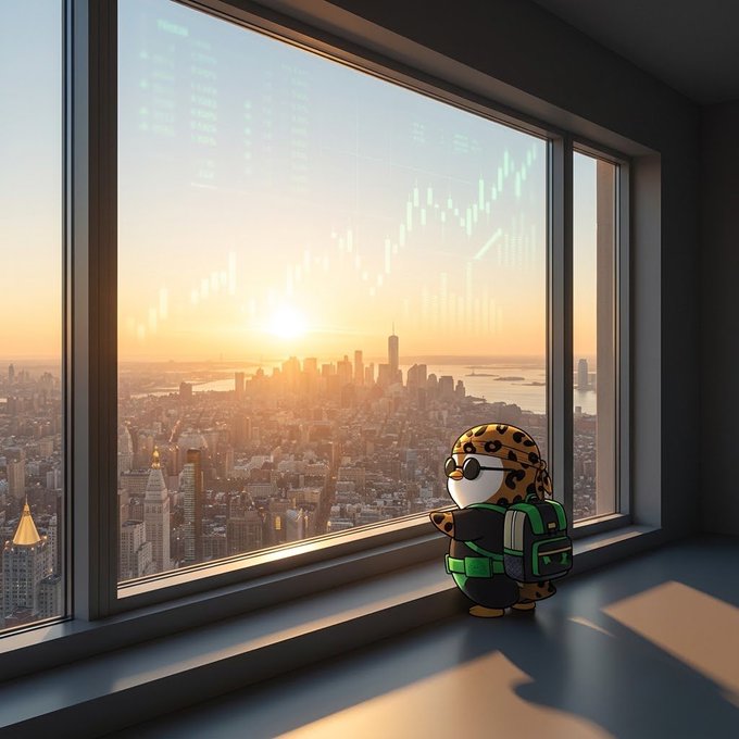A stylized digital illustration of a penguin character wearing sunglasses and a green backpack, looking out a large window at a sunset city skyline with overlaid stock market chart data.