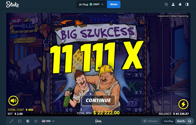 A screenshot from the Stake gambling platform showing a "BIG S$UKCE$$" win of 11,111x on a slot game, with a total win of $22,222.00 from a $2.00 bet, balance $44,246.87. The image illustrates the gambling achievement being promoted in the post, which encourages viewers to follow for tips on the "x6 printer" slot game.