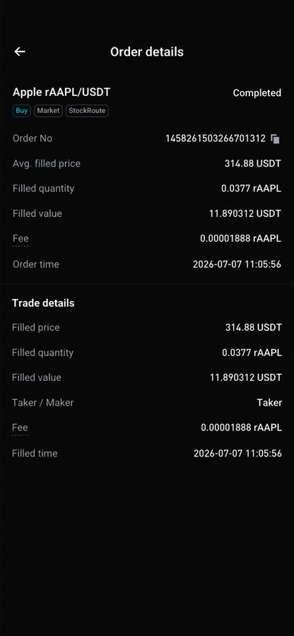A mobile screen displaying order details for an 'Apple rAAPL/USDT' market buy order completed at 314.88 USDT, with a filled quantity of 0.0377 rAAPL and order time of 2026-07-07 11:05:56.