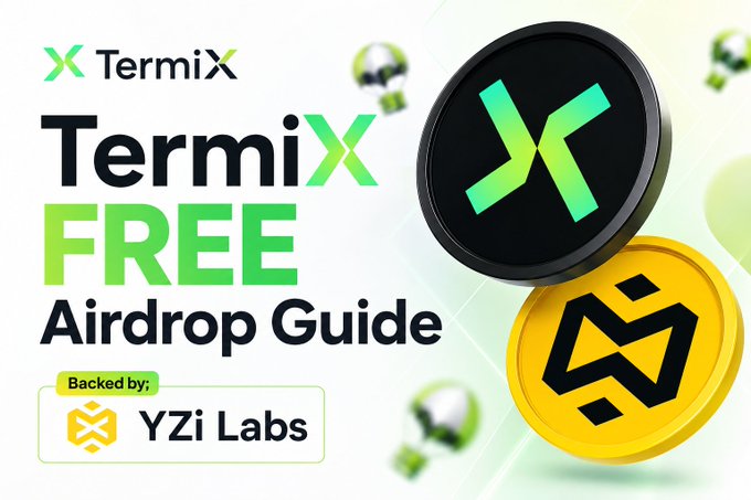 The image is a promotional graphic for the "TermiX FREE Airdrop Guide," featuring the TermiX logo alongside a green "X" token and a yellow BNB coin, with a note that the project is backed by YZi Labs—visually reinforcing the post's announcement of TermiX Points and the new free airdrop opportunity for this AI agent marketplace.