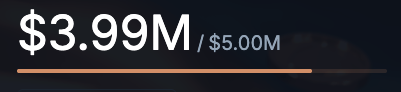 A fundraising progress bar showing '$3.99M' raised toward a '$5.00M' goal with an orange indicator bar.