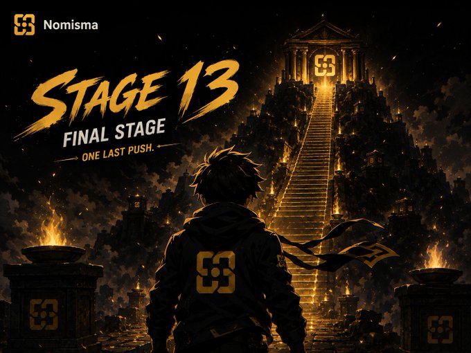 Dramatic illustration branded 'Nomisma' showing a hooded character facing a glowing golden staircase leading to a temple on a mountaintop, with text 'STAGE 13 — FINAL STAGE — ONE LAST PUSH.'