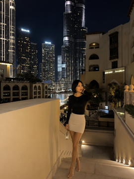 A woman poses in front of the illuminated Burj Khalifa in Dubai, which ties into the giveaway for $15 worth of SOL (Solana) hosted by @alina_XBT.