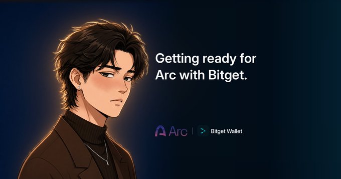 An anime-style illustration of a man with dark hair wearing a brown jacket, paired with the text 'Getting ready for Arc with Bitget.' and logos for Arc and Bitget Wallet.