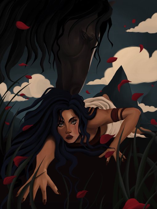 A stylized digital painting of a woman with long dark blue hair and a bloodied tear looking up at a shadowy, looming figure, surrounded by floating red rose petals and dark mountains.