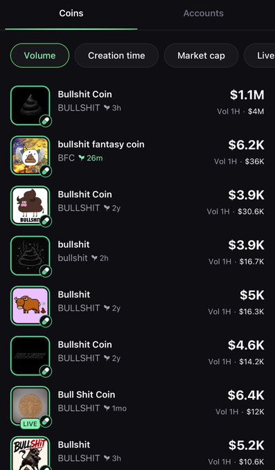 A Pump.fun leaderboard sorted by volume displays 8 "Bullshit Coin" (BULLSHIT) variants, with the top entry showing $1.1M in 1-hour volume followed by others ranging from $6.2K down to $5.2K, illustrating the post's warning about multiple copycat coins.