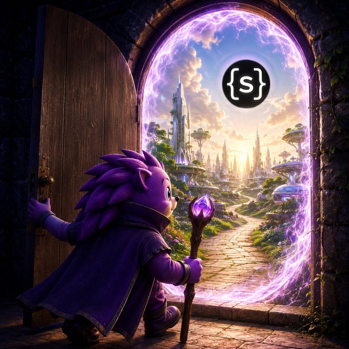 A purple hedgehog mage opens a wooden door, holding a staff, as he steps through a glowing portal revealing a futuristic fantasy cityscape, with the Somnia ({S}) logo floating in the sky. The image visually represents stepping into the Somnia Network ecosystem, mirroring the post's announcement about updates now being shared through @SomniaEco.