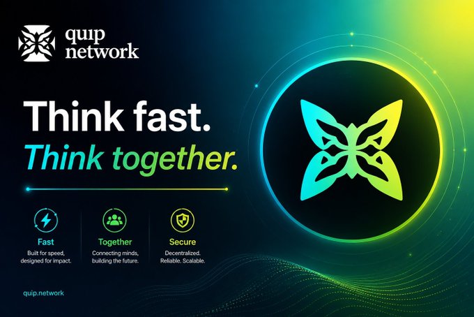 Promotional graphic for quip.network featuring the tagline "Think fast. Think together." with feature icons for Fast, Together, and Secure, and the URL quip.network.