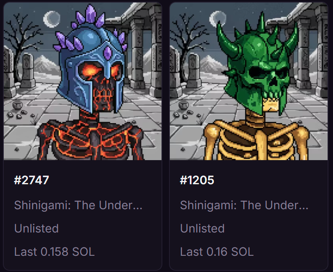 The image shows two pixel art skeleton NFTs from ShiniRealms: "#2747 Shinigami: The Under..." (a purple-crystal-helmeted skeleton) and "#1205 Shinigami: The Under..." (a green-horned skull), both priced around 0.16 SOL, which are being given away as part of a giveaway contest requiring followers and tagging friends.
