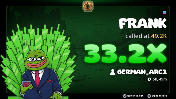 The image shows a Pepe the Frog character in a suit sitting on stacks of green cash, celebrating a "FRANK" token call that reached 33.2x at 49.2K, posted by user @phanes.bot. This aligns with the accompanying post celebrating a successful 350 SOL trading day "in the trenches."