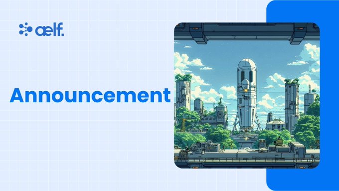 A presentation slide with the 'aelf' logo titled 'Announcement,' featuring an anime-style illustration of a futuristic city with a rocket-like tower and lush greenery.