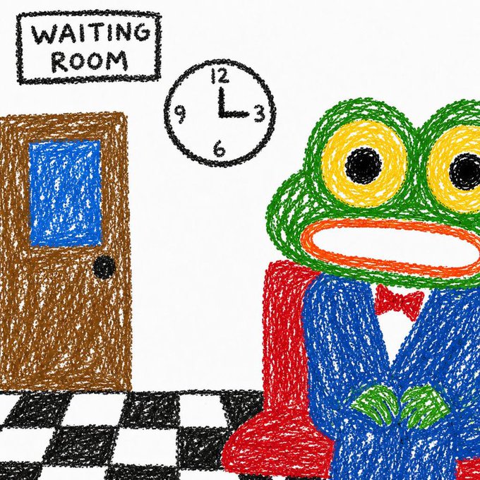A childlike crayon drawing showing a green frog character in a blue suit and red tie standing in a waiting room with a door, clock, and 'Waiting Room' sign.