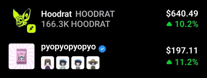A crypto tracking interface displays two tokens: Hoodrat (HOODRAT) priced at $640.49 with a 10.2% increase and 166.3K supply, and pyopyopyopyo at $197.11 with an 11.2% increase.
