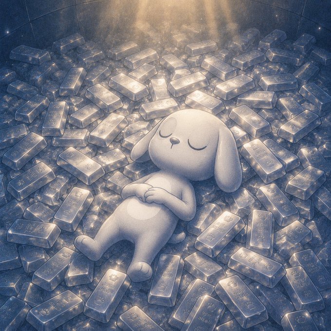 An illustration of a small white dog-like character peacefully sleeping on a pile of silver bars under a warm beam of light.