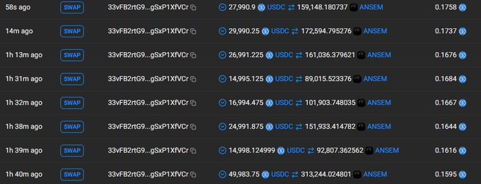 A transaction history log showing multiple 'SWAP' exchanges from 33vFB2htG9...gSxP1XVCr to ANSEM using USDC, with varying amounts and exchange rates between 0.1595 and 0.1758.