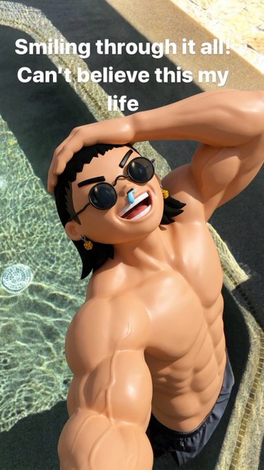 A 3D anime-style illustration of a muscular man with sunglasses by a pool, overlaid with the text "Smiling through it all! Can't believe this my life".