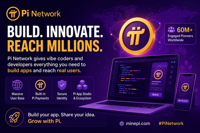 The image features a purple background with a gold circle containing the text "Build, Innovate, Reach Millions." Below the circle are three icons representing different aspects of Pi Network's services: a laptop icon, an app icon, and a phone icon. The image also includes a caption that reads "Build your app with Pi network".
