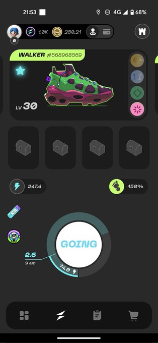 A mobile game screen showing a 'WALKER' Level 30 sneaker NFT and a 'GOZING' button on what appears to be a step-tracker game.