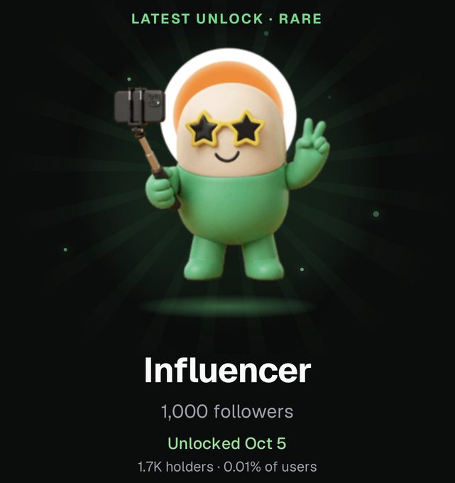 A digital 'Influencer' unlock notification featuring a green cartoon character with star-shaped sunglasses holding a selfie stick, indicating 1,000 followers and unlocked October 5.