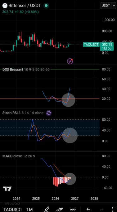 A TradingView monthly chart for **TAOUSDT (Bittensor/USDT)** shows the price at **302.74** with the **DSS Bressert**, **Stoch RSI**, and **MACD** indicators all curling upward from oversold zones—highlighted by gray circles—suggesting a potential bullish reversal for $TAO.