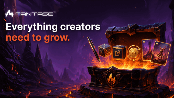 A promotional banner for 'FANTASE' reading 'Everything creators need to grow,' featuring a fantasy treasure chest overflowing with game items like dice, a sword, coins, and cards.