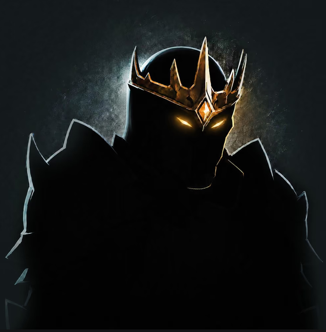 A shadowy armored figure wears a jagged gold crown with a central orange gem, their eyes glowing yellow through the darkness. The image ties to the post as a dramatic visual representation of an Iron Allies NFT, evoking the powerful, warrior-like identity of the collection.