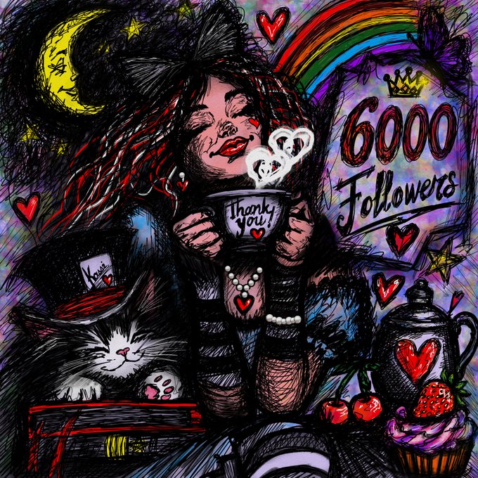 A whimsical illustration shows a dark-haired woman sipping from a "Thank you!" teacup with steam forming heart shapes, surrounded by a tuxedo cat in a "Kassi's" top hat, a teapot, cupcakes, a rainbow, crescent moon, and floating hearts, with prominent text reading "6000 Followers" topped by a crown. The celebratory artwork perfectly matches the post's grateful tone, marking the milestone of reaching 6000 followers and thanking specific community members who collected the "Kassi's Wonderland" NFT edition on Tezos.