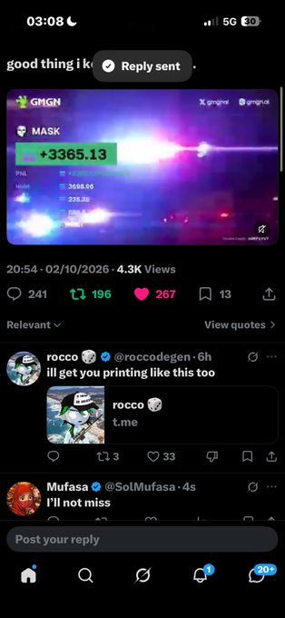 A mobile screenshot of a social media post on X showing a token labeled 'MASK' with a value of '+3365.13', with replies from users 'rocco' and 'Mufasa' visible below.