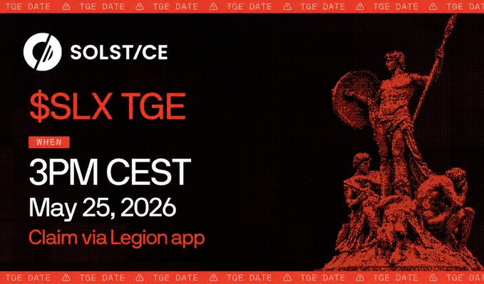 A red banner with white text announces a Solistce event, "SOLSTICE" and "SOLSTICE TGE", scheduled for May 25, 2026 at 3PM CEST.
