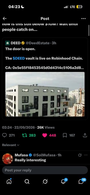 A screenshot of a Twitter/X post by DEED (@DeedEstate) showing a building with text announcing 'The DEED vault is live on Robinhood Chain' and a contract address.