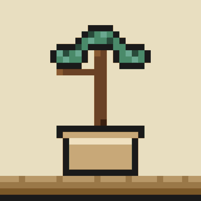 A pixel-art illustration depicts a small bonsai-style tree with green leaves and a brown trunk planted in a tan pot against a cream background.