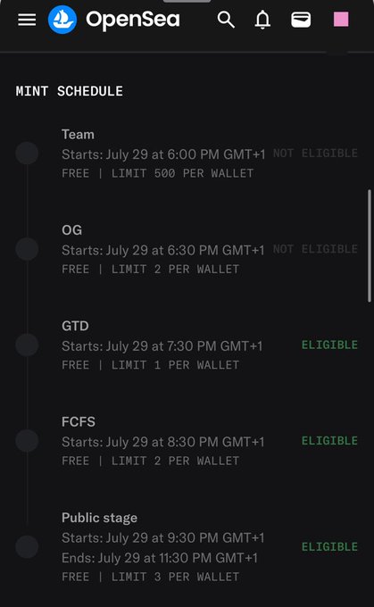 A screenshot of an OpenSea 'MINT SCHEDULE' showing Team, OG, GTD, FCFS, and Public stage times with eligibility statuses.