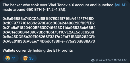 A screenshot lists six Ethereum wallet addresses linked to the hacker who hijacked Vlad Tenev's X account to promote the $VLAD token, noting they made around 650 ETH ($1.2–1.3M) in profits from the scam.