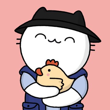 Cute cartoon illustration of a white cat wearing a black hat and blue vest, holding a small yellow chick against a pink background.